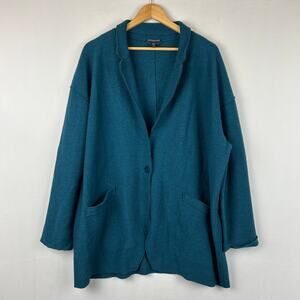 Eileen Fisher 100% Merino Wool One Button Coat Teal Blue/Green Women's Size 2X